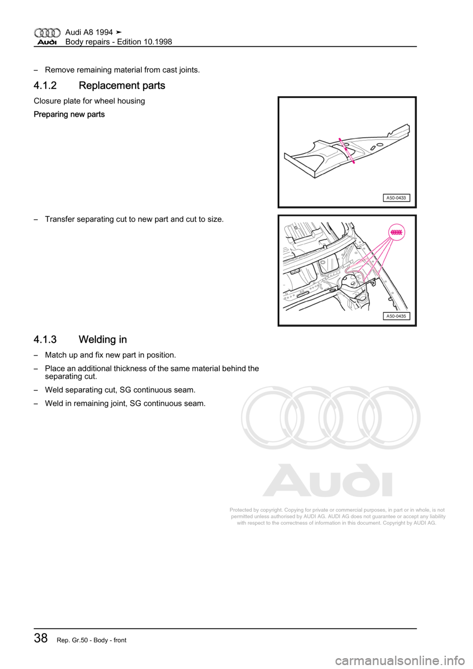 AUDI A8 1994 D4 / 1.G Body Repairs Service Manual 
Protected by copyright. Copying for private or commercial purposes, in p\
art or in whole, is not 
 permitted unless authorised by AUDI AG. AUDI AG does not guarantee or a\
ccept any liability 
     