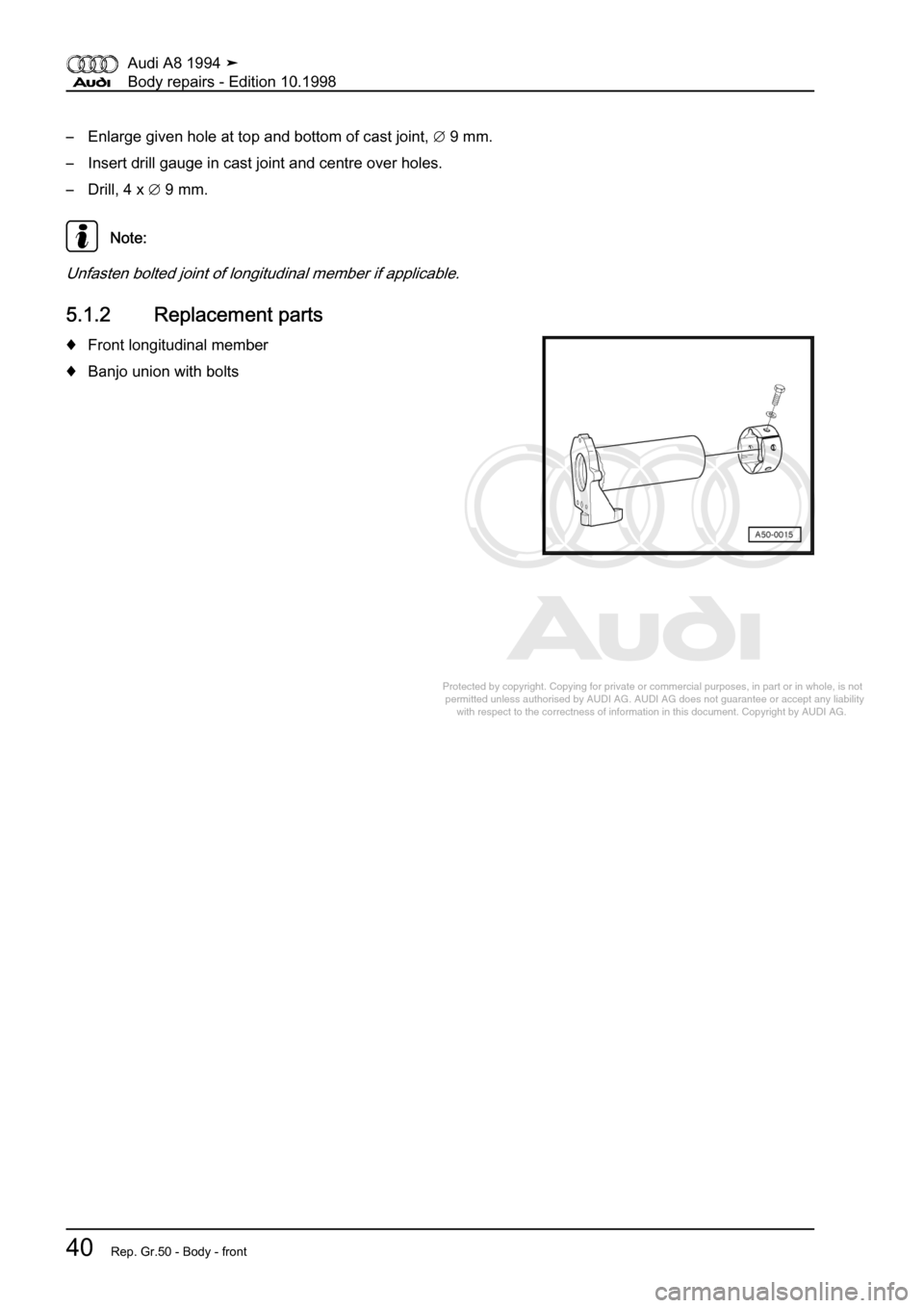 AUDI A8 1994 D4 / 1.G Body Repairs Service Manual 
Protected by copyright. Copying for private or commercial purposes, in p\
art or in whole, is not 
 permitted unless authorised by AUDI AG. AUDI AG does not guarantee or a\
ccept any liability 
     