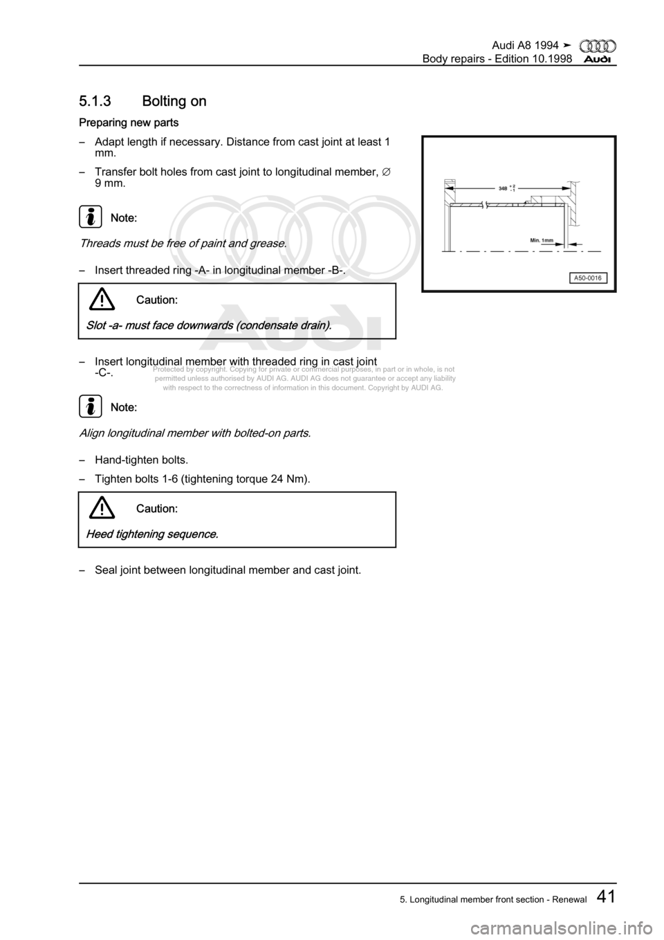 AUDI A8 1994 D4 / 1.G Body Repairs Service Manual 
Protected by copyright. Copying for private or commercial purposes, in p\
art or in whole, is not 
 permitted unless authorised by AUDI AG. AUDI AG does not guarantee or a\
ccept any liability 
     