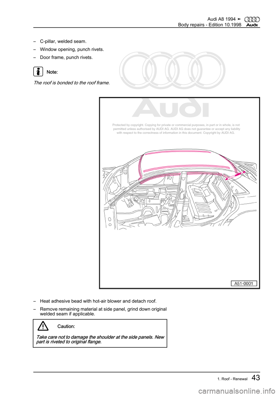 AUDI A8 1994 D4 / 1.G Body Repairs Service Manual 
Protected by copyright. Copying for private or commercial purposes, in p\
art or in whole, is not 
 permitted unless authorised by AUDI AG. AUDI AG does not guarantee or a\
ccept any liability 
     