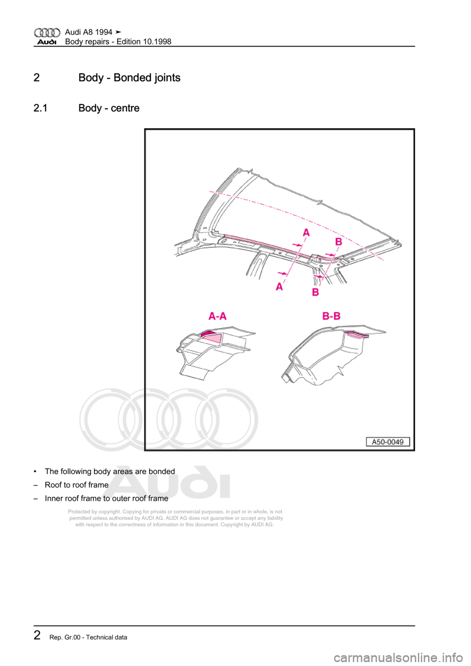 AUDI A8 1994 D4 / 1.G Body Repairs Workshop Manual 
Protected by copyright. Copying for private or commercial purposes, in p\
art or in whole, is not 
 permitted unless authorised by AUDI AG. AUDI AG does not guarantee or a\
ccept any liability 
     