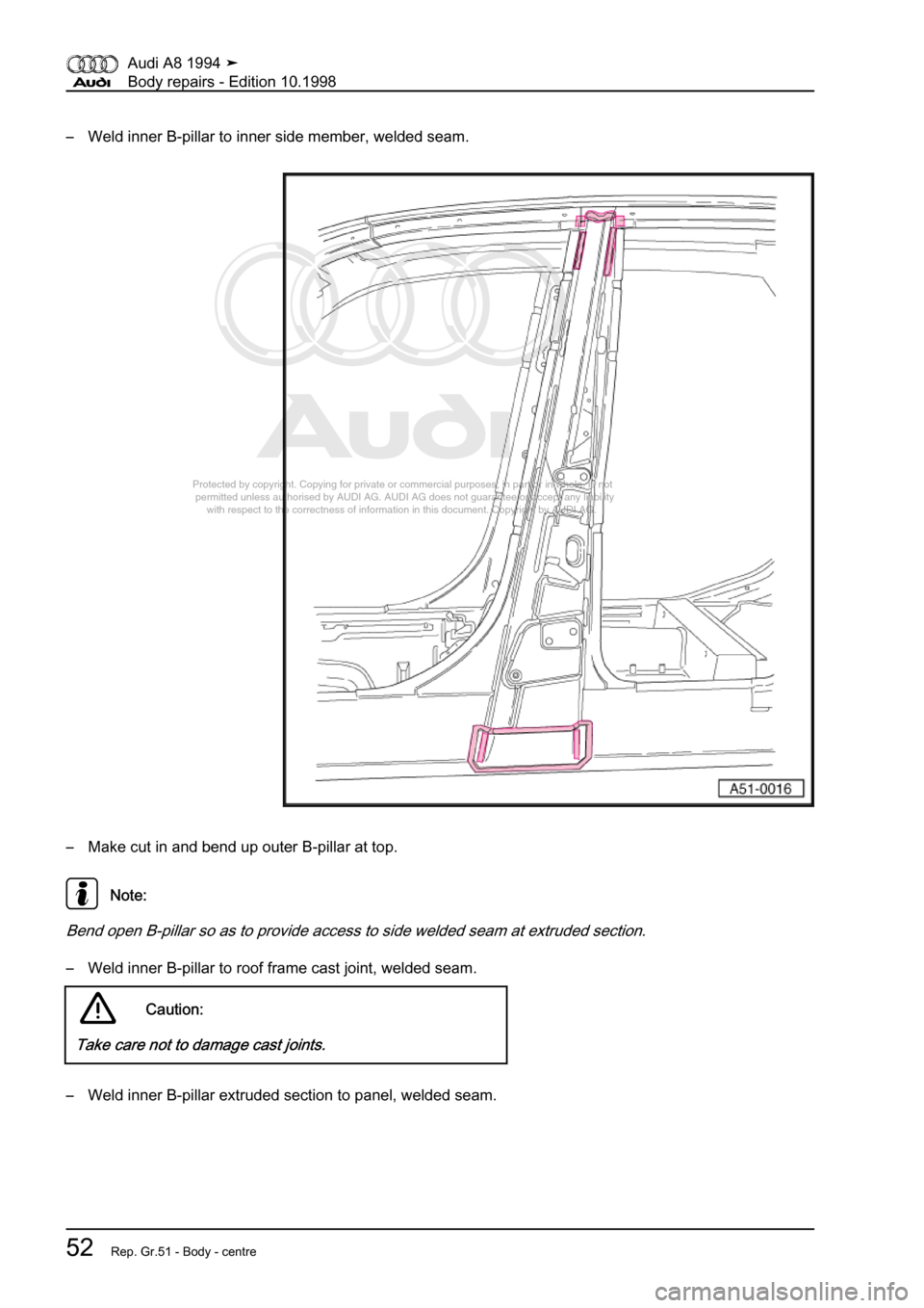 AUDI A8 1994 D4 / 1.G Body Repairs Repair Manual 
Protected by copyright. Copying for private or commercial purposes, in p\
art or in whole, is not 
 permitted unless authorised by AUDI AG. AUDI AG does not guarantee or a\
ccept any liability 
     