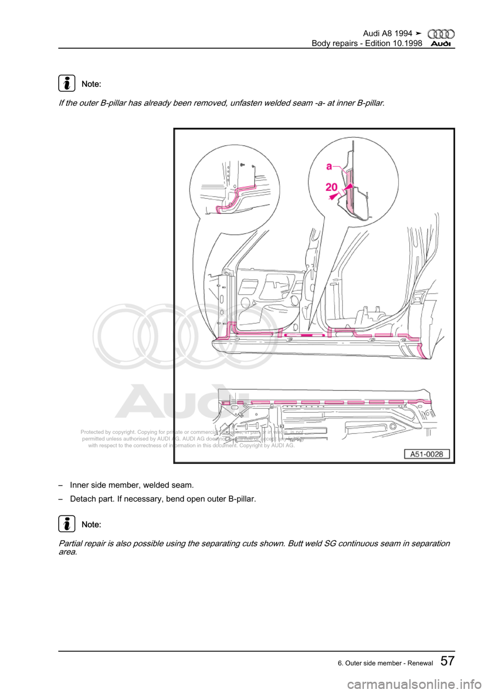 AUDI A8 1994 D4 / 1.G Body Repairs Repair Manual 
Protected by copyright. Copying for private or commercial purposes, in p\
art or in whole, is not 
 permitted unless authorised by AUDI AG. AUDI AG does not guarantee or a\
ccept any liability 
     