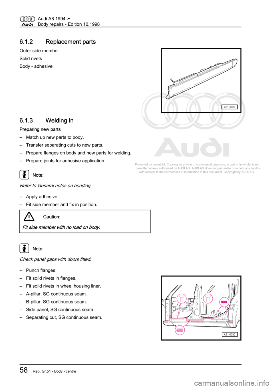 AUDI A8 1994 D4 / 1.G Body Repairs Repair Manual 
Protected by copyright. Copying for private or commercial purposes, in p\
art or in whole, is not 
 permitted unless authorised by AUDI AG. AUDI AG does not guarantee or a\
ccept any liability 
     