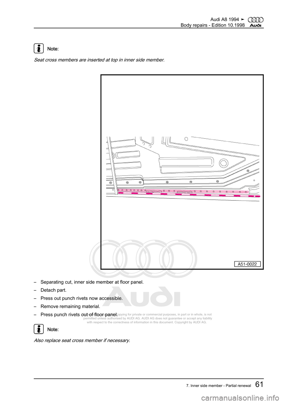 AUDI A8 1994 D4 / 1.G Body Repairs Repair Manual 
Protected by copyright. Copying for private or commercial purposes, in p\
art or in whole, is not 
 permitted unless authorised by AUDI AG. AUDI AG does not guarantee or a\
ccept any liability 
     