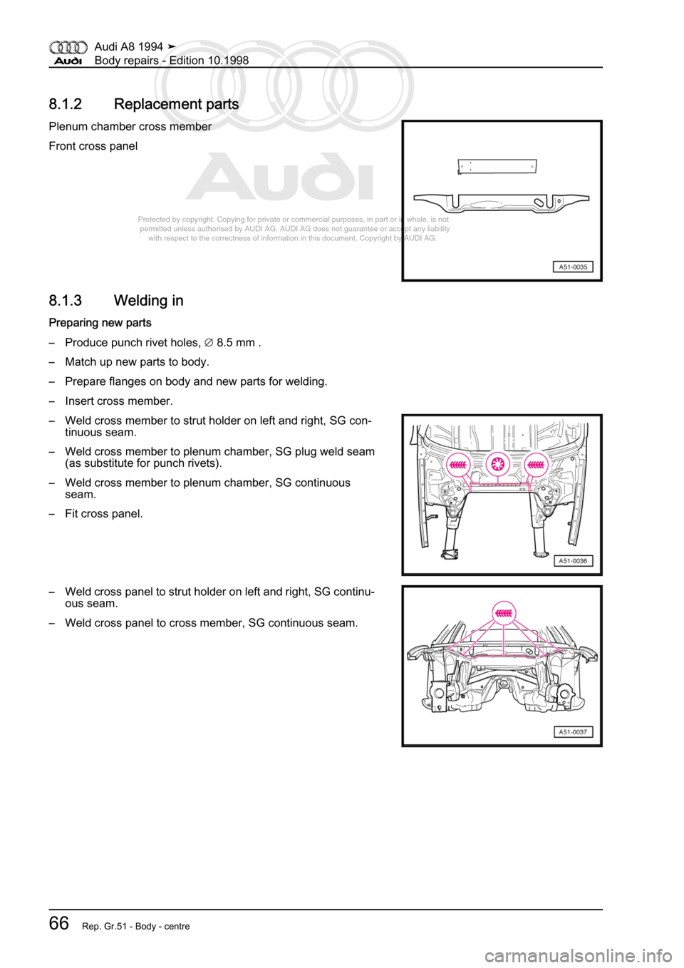 AUDI A8 1994 D4 / 1.G Body Repairs Repair Manual 
Protected by copyright. Copying for private or commercial purposes, in p\
art or in whole, is not 
 permitted unless authorised by AUDI AG. AUDI AG does not guarantee or a\
ccept any liability 
     