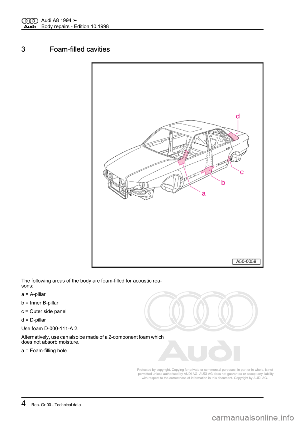 AUDI A8 1994 D4 / 1.G Body Repairs Workshop Manual 
Protected by copyright. Copying for private or commercial purposes, in p\
art or in whole, is not 
 permitted unless authorised by AUDI AG. AUDI AG does not guarantee or a\
ccept any liability 
     