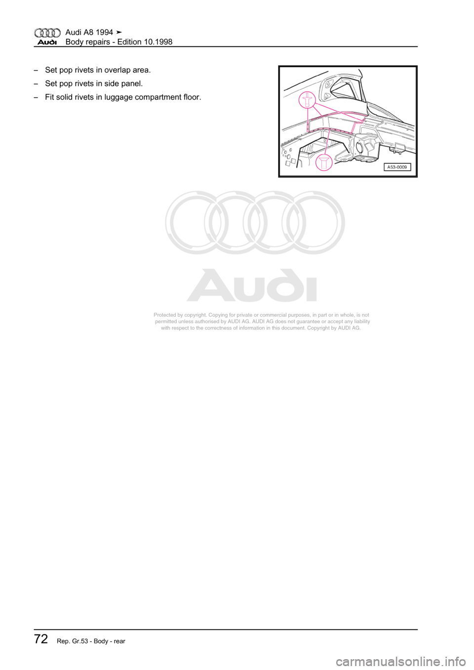 AUDI A8 1994 D4 / 1.G Body Repairs Manual PDF 
Protected by copyright. Copying for private or commercial purposes, in p\
art or in whole, is not 
 permitted unless authorised by AUDI AG. AUDI AG does not guarantee or a\
ccept any liability 
     