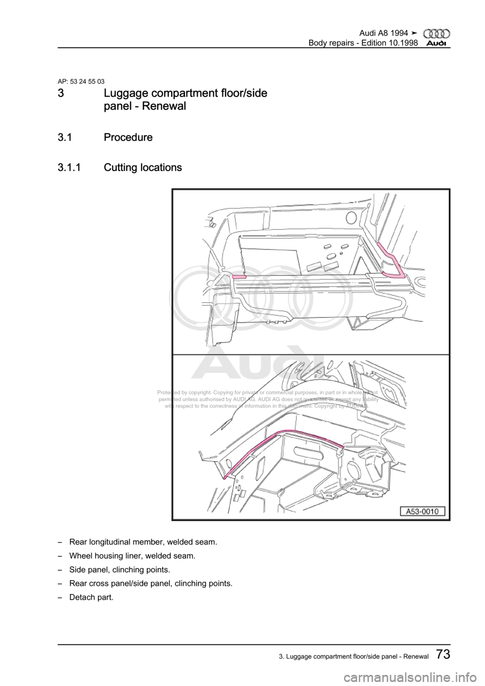 AUDI A8 1994 D4 / 1.G Body Repairs Manual PDF 
Protected by copyright. Copying for private or commercial purposes, in p\
art or in whole, is not 
 permitted unless authorised by AUDI AG. AUDI AG does not guarantee or a\
ccept any liability 
     