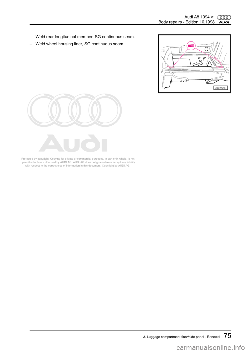AUDI A8 1994 D4 / 1.G Body Repairs Manual PDF 
Protected by copyright. Copying for private or commercial purposes, in p\
art or in whole, is not 
 permitted unless authorised by AUDI AG. AUDI AG does not guarantee or a\
ccept any liability 
     