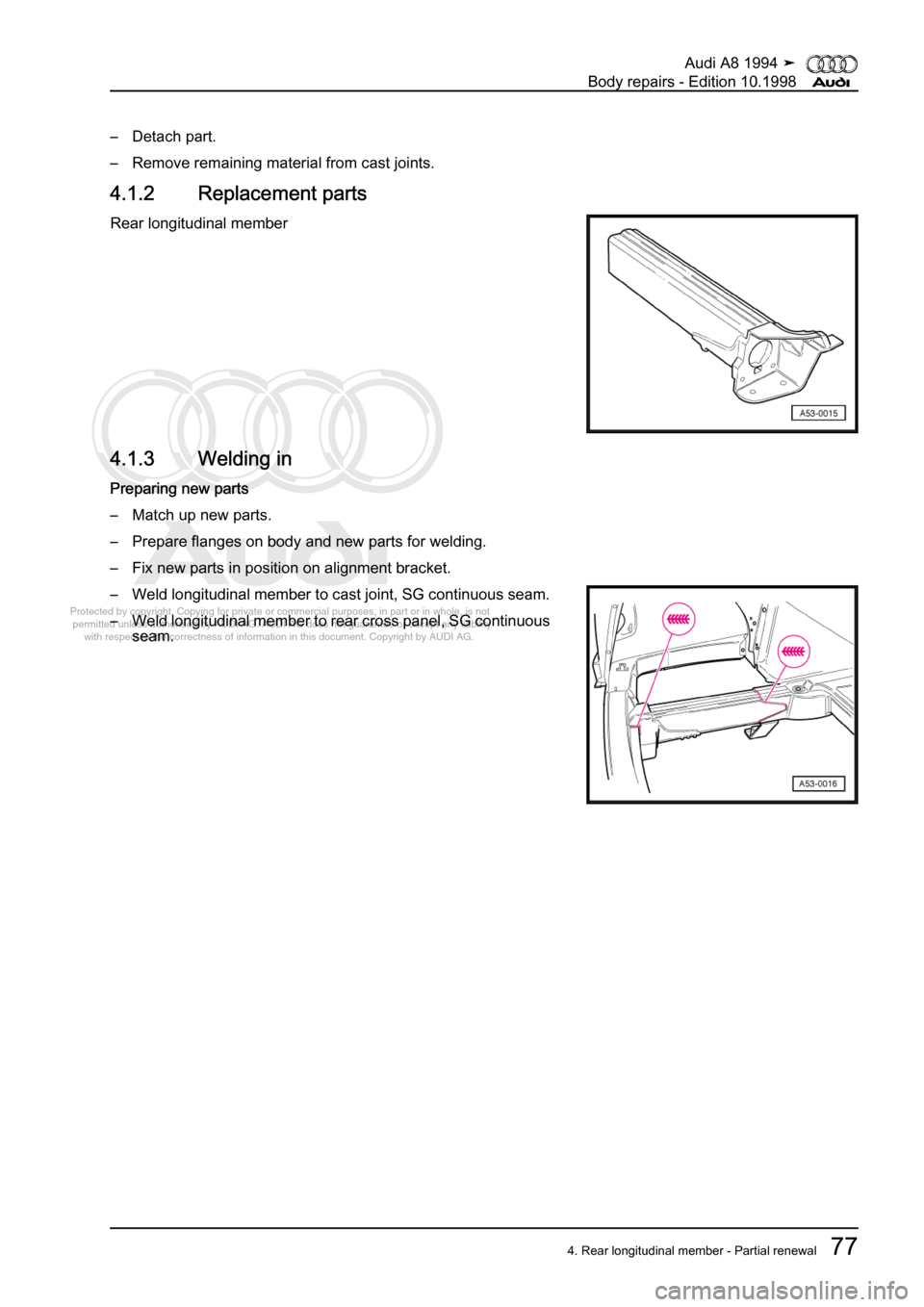 AUDI A8 1994 D4 / 1.G Body Repairs Manual Online 
Protected by copyright. Copying for private or commercial purposes, in p\
art or in whole, is not 
 permitted unless authorised by AUDI AG. AUDI AG does not guarantee or a\
ccept any liability 
     