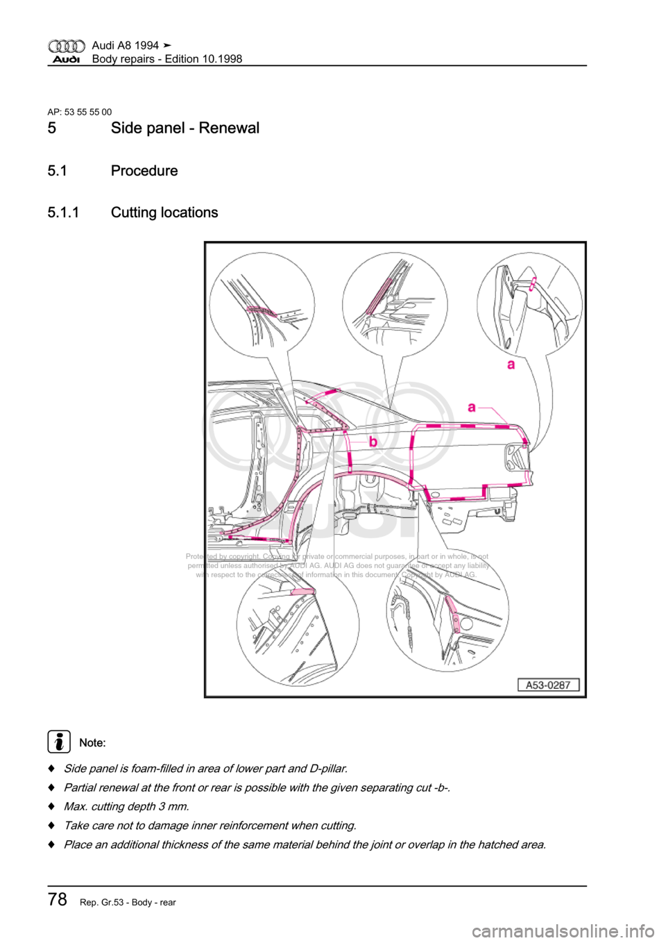 AUDI A8 1994 D4 / 1.G Body Repairs Manual Online 
Protected by copyright. Copying for private or commercial purposes, in p\
art or in whole, is not 
 permitted unless authorised by AUDI AG. AUDI AG does not guarantee or a\
ccept any liability 
     