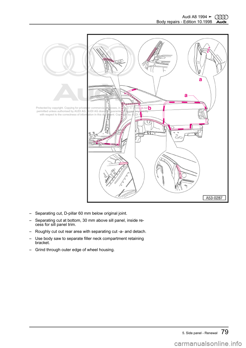 AUDI A8 1994 D4 / 1.G Body Repairs Manual Online 
Protected by copyright. Copying for private or commercial purposes, in p\
art or in whole, is not 
 permitted unless authorised by AUDI AG. AUDI AG does not guarantee or a\
ccept any liability 
     