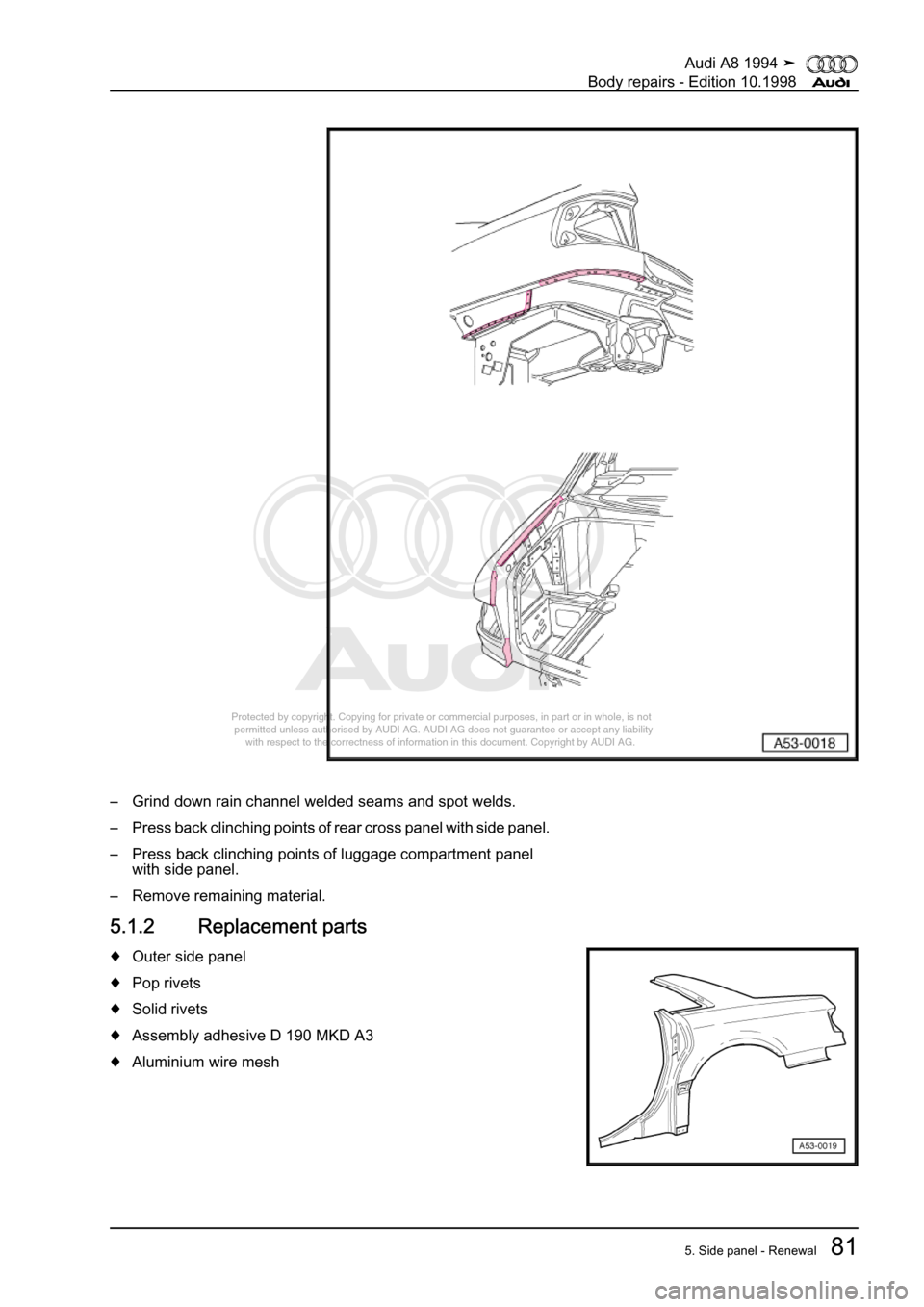 AUDI A8 1994 D4 / 1.G Body Repairs Manual Online 
Protected by copyright. Copying for private or commercial purposes, in p\
art or in whole, is not 
 permitted unless authorised by AUDI AG. AUDI AG does not guarantee or a\
ccept any liability 
     