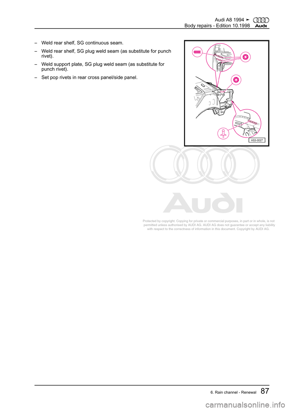 AUDI A8 1994 D4 / 1.G Body Repairs Owners Manual 
Protected by copyright. Copying for private or commercial purposes, in p\
art or in whole, is not 
 permitted unless authorised by AUDI AG. AUDI AG does not guarantee or a\
ccept any liability 
     