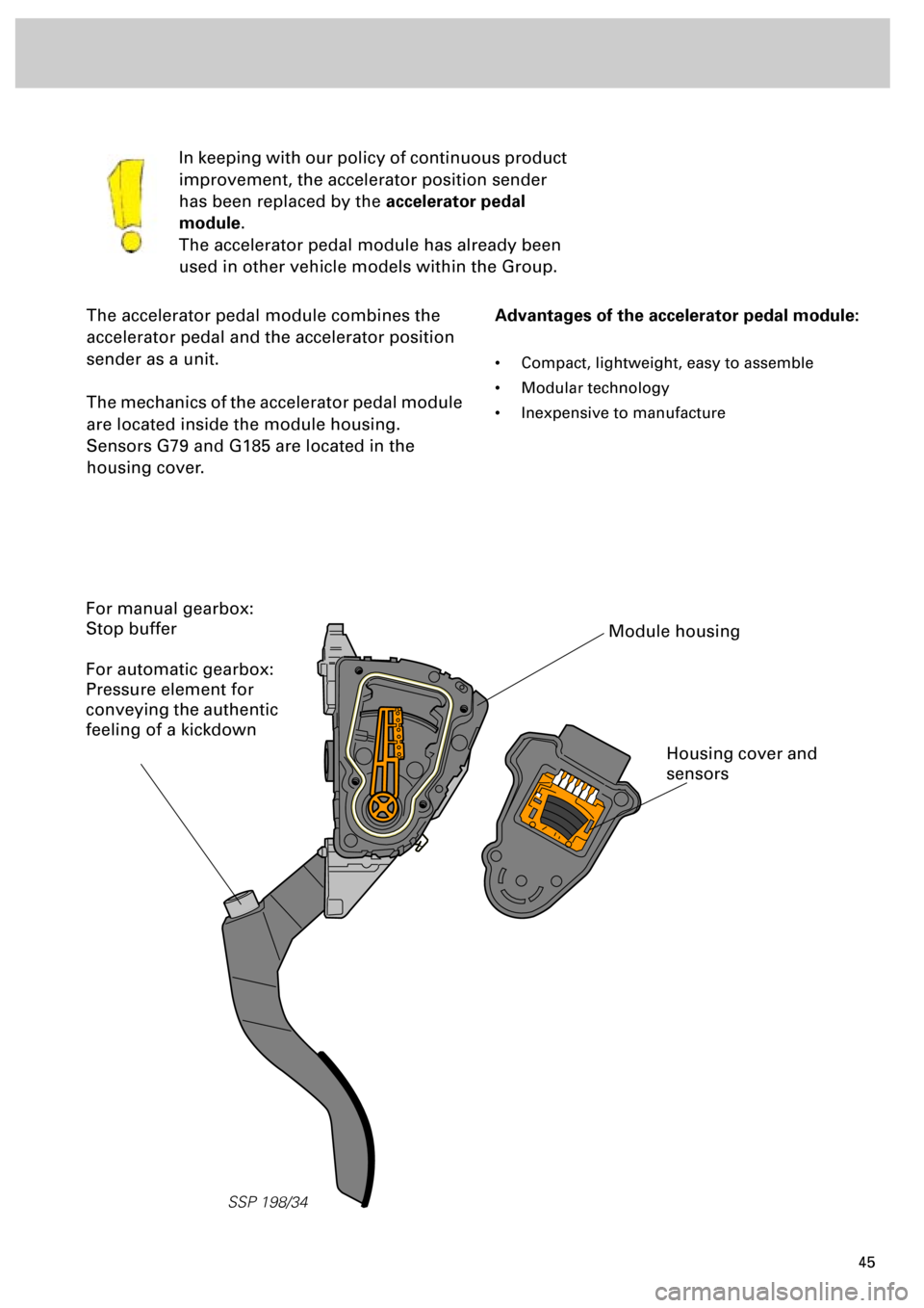 AUDI S4 1998 B5 / 1.G Engine Manual  
45 
SSP 198/34
 
The accelerator pedal module combines the 
accelerator pedal and the accelerator position 
sender as a unit.
The mechanics of the accelerator pedal module 
are located inside the mo