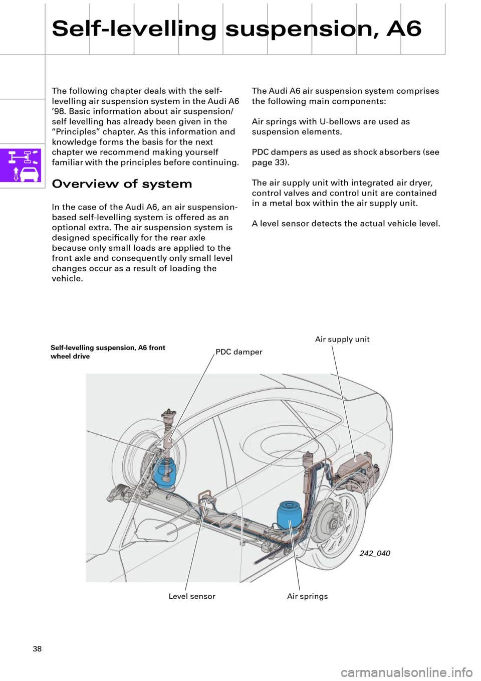 AUDI A6 ALLROAD 1999 C5 / 2.G Pneumatic Suspension System 38
The Audi A6 air suspension system comprises
the following main components:
Air springs with U-bellows are used as
suspension elements.
PDC dampers as used as shock absorbers (see
page 33).
The a AUDI A6 ALLROAD 1999 C5 / 2.G Pneumatic Suspension System 38
The Audi A6 air suspension system comprises
the following main components:
Air springs with U-bellows are used as
suspension elements.
PDC dampers as used as shock absorbers (see
page 33).
The a