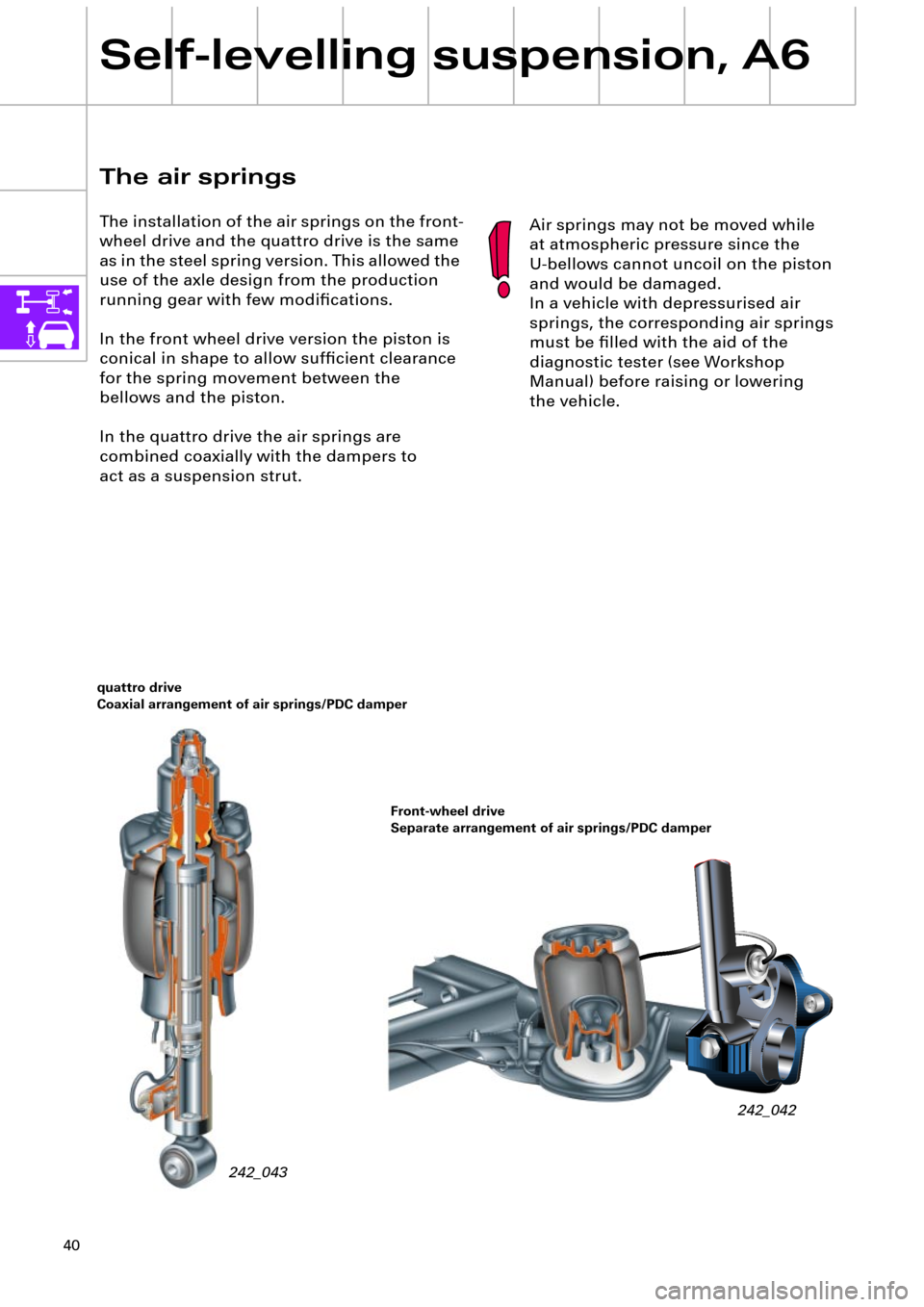 AUDI A6 ALLROAD 1999 C5 / 2.G Pneumatic Suspension System 40
The air springs
The installation of the air springs on the front-
wheel drive and the quattro drive is the same 
as in the steel spring version. This allowed the 
use of the axle design from the pr