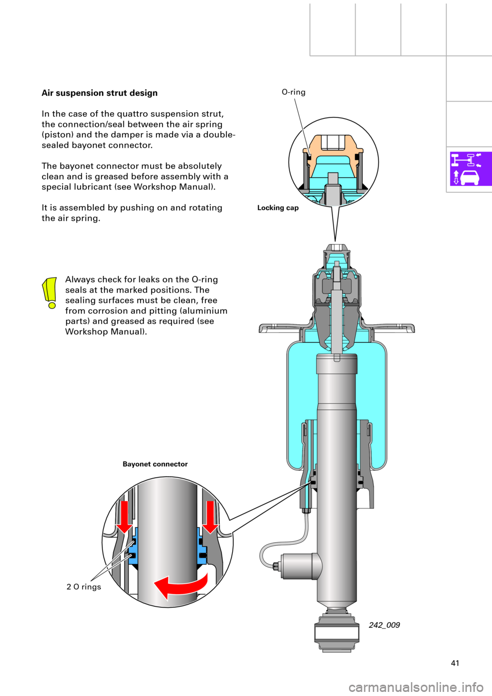 AUDI A6 ALLROAD 1999 C5 / 2.G Pneumatic Suspension System 41
Air suspension strut design
In the case of the quattro suspension strut,
the connection/seal between the air spring
(piston) and the damper is made via a double-
sealed bayonet connector.
The bay AUDI A6 ALLROAD 1999 C5 / 2.G Pneumatic Suspension System 41
Air suspension strut design
In the case of the quattro suspension strut,
the connection/seal between the air spring
(piston) and the damper is made via a double-
sealed bayonet connector.
The bay