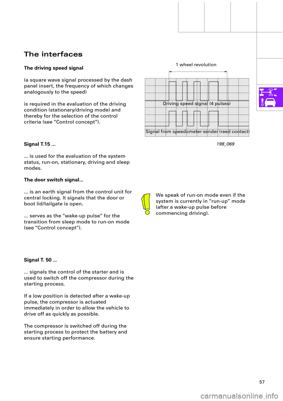 AUDI A6 ALLROAD 1999 C5 / 2.G Pneumatic Suspension System 57
The interfaces
The driving speed signal
(a square wave signal processed by the dash 
panel insert, the frequency of which changes 
analogously to the speed) 
is required in the evaluation of the dr