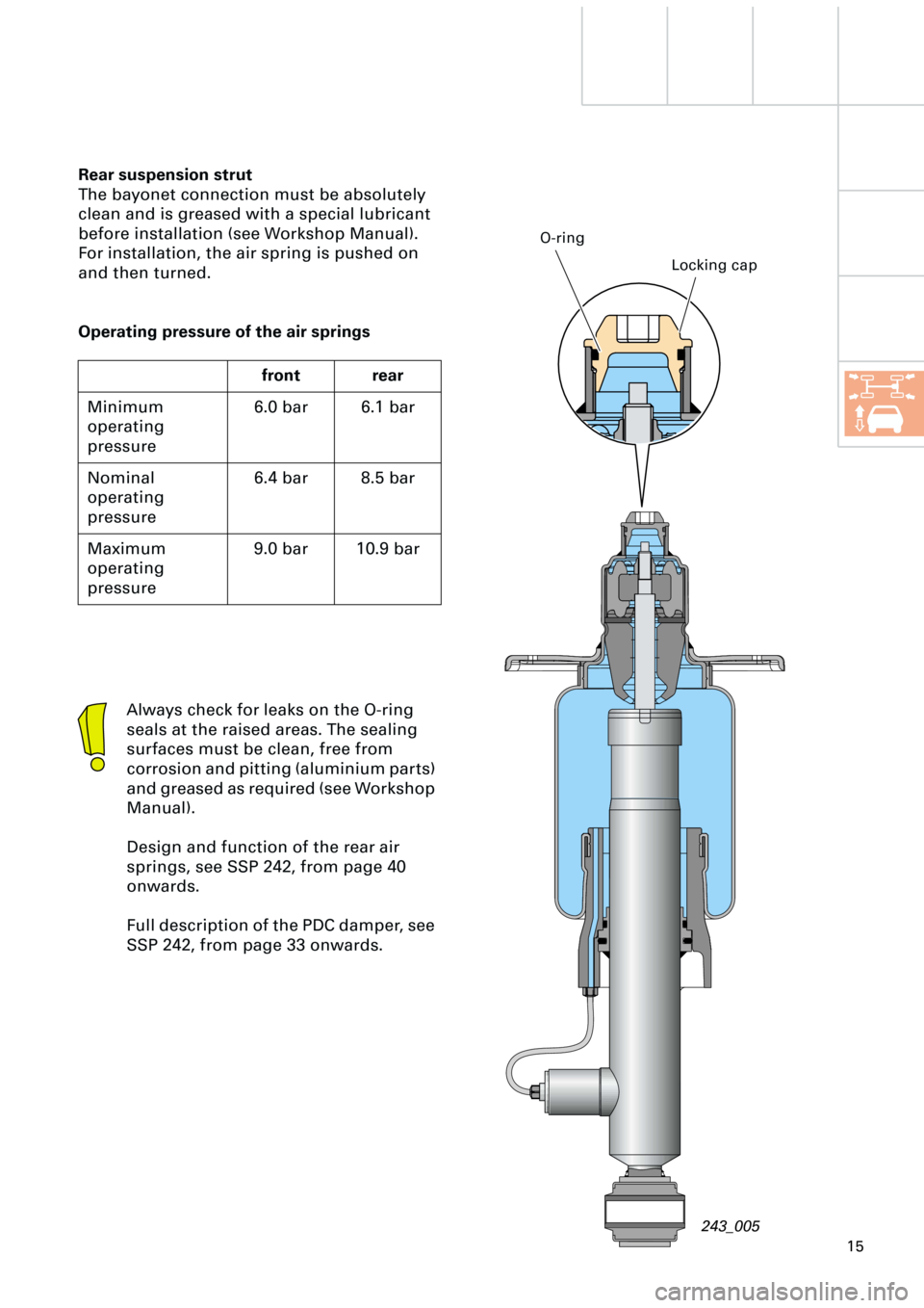 AUDI A6 ALLROAD 1999 C5 / 2.G Pneumatic Suspension System
15
Rear suspension strut
The bayonet connection must be absolutely
clean and is greased with a special lubricant
before installation (see Workshop Manual).
For installation, the air spring is pu AUDI A6 ALLROAD 1999 C5 / 2.G Pneumatic Suspension System
15
Rear suspension strut
The bayonet connection must be absolutely
clean and is greased with a special lubricant
before installation (see Workshop Manual).
For installation, the air spring is pu