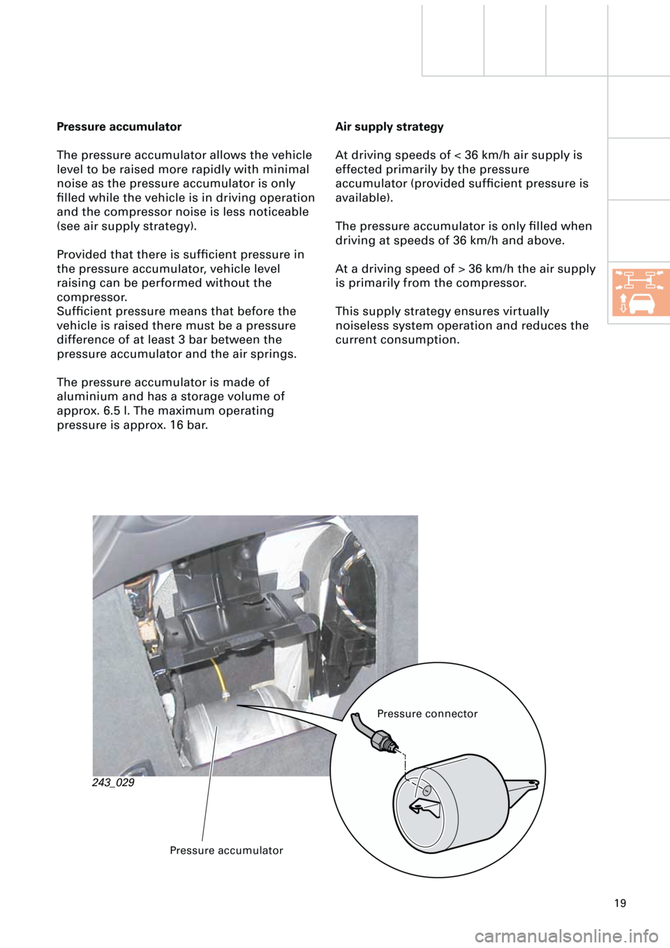 AUDI A6 ALLROAD 1999 C5 / 2.G Pneumatic Suspension System 19
Pressure accumulator
The pressure accumulator allows the vehicle 
level to be raised more rapidly with minimal 
noise as the pressure accumulator is only 
ﬁlled while the vehicle is in driving op