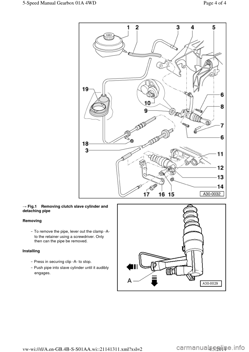 AUDI A6 2000 C5 / 2.G Changing Clutch 5Speed Manual Gearbox  → Fig.1    Removing clutch slave cylinder and detaching pipe 
Removing 
‒ To remove the pipe, lever out the clamp -A- 
to the retainer using a screwdriver. Only 
then can the pipe be removed.  
I