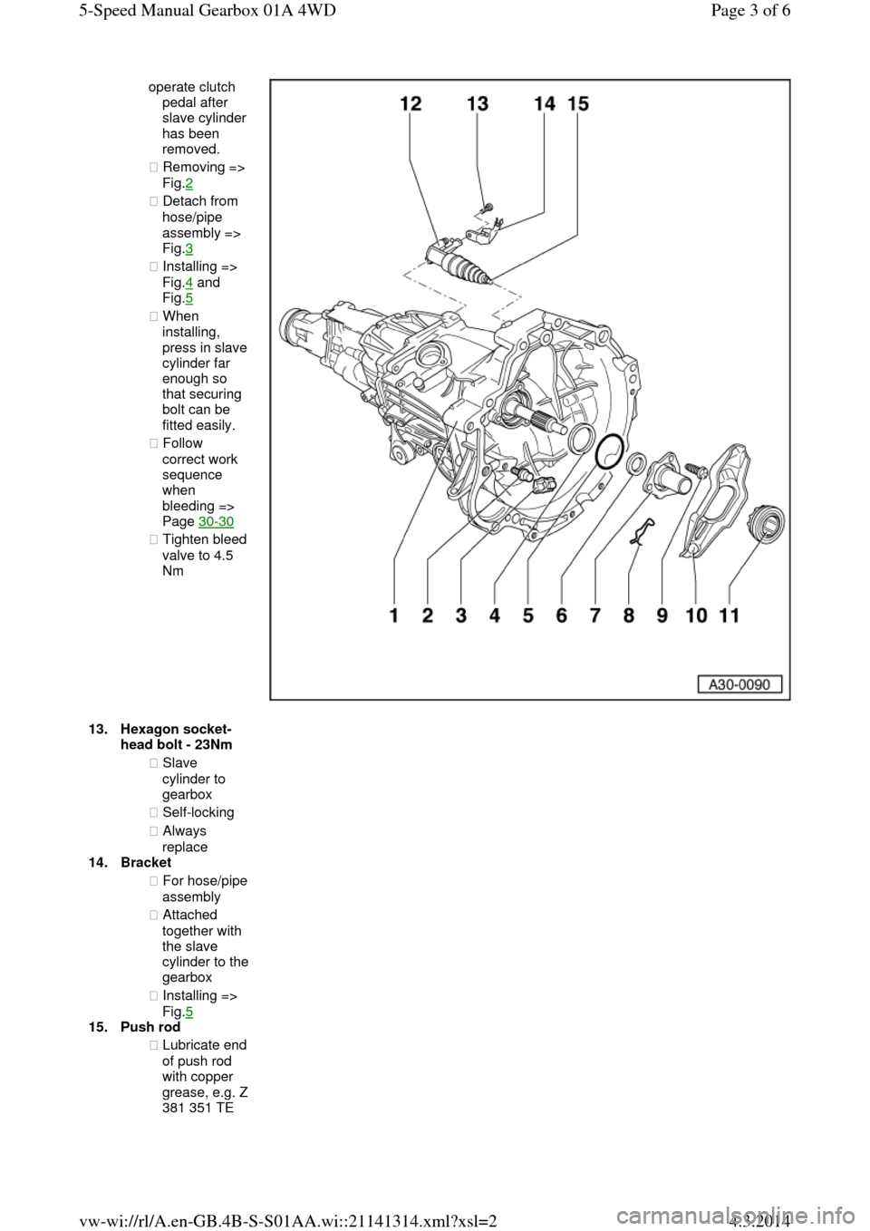 AUDI A6 2000 C5 / 2.G Changing Clutch 5Speed Manual Gearbox operate clutch 
pedal after slave cylinder has been 
removed.  
◆ Removing => Fig.2  
◆ Detach from 
hose/pipe 
assembly => 
Fig.3  
◆ Installing => 
Fig.4 and 
Fig.5  
◆ When 
installing, pre