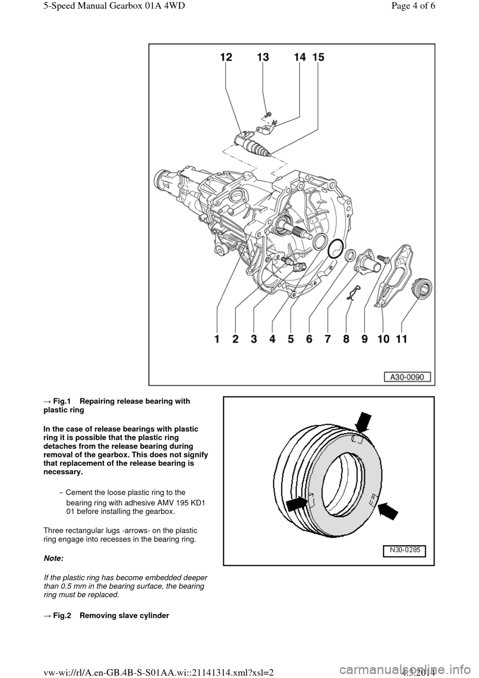 AUDI A6 2000 C5 / 2.G Changing Clutch 5Speed Manual Gearbox  → Fig.1    Repairing release bearing with plastic ring 
In the case of release bearings with plastic 
ring it is possible that the plastic ring 
detaches from the release bearing during 
removal of