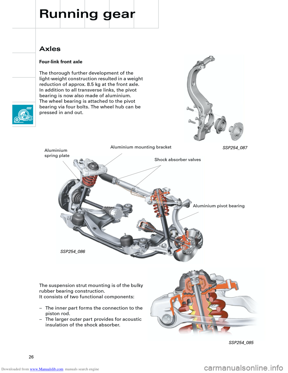 AUDI A4 2001 B5 / 1.G Technical Features Design And Function Downloaded from www.Manualslib.com manuals search engine  
26 
The suspension strut mounting is of the bulky 
rubber bearing construction. 
It consists of two functional components:
– The inner part