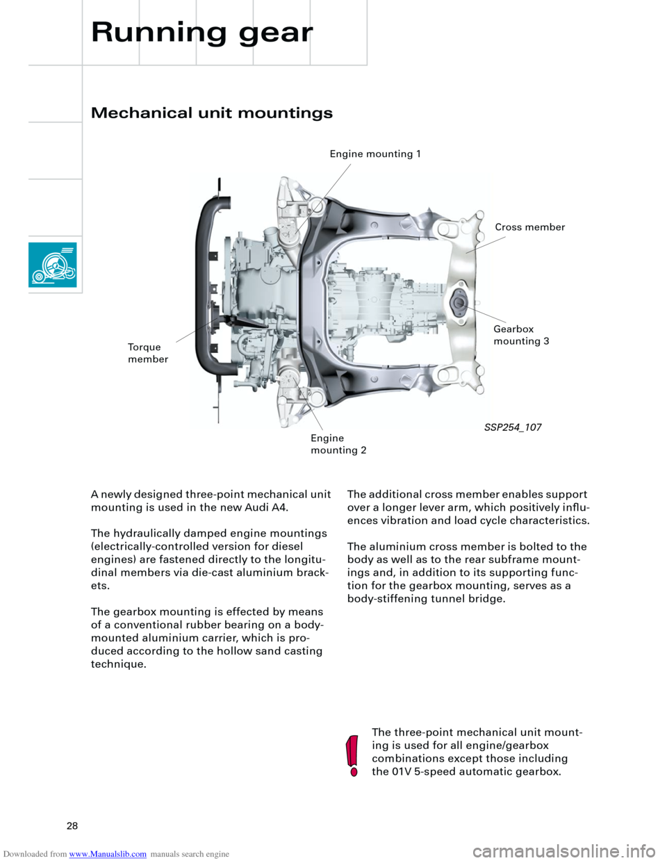 AUDI A4 2001 B5 / 1.G Technical Features Design And Function Downloaded from www.Manualslib.com manuals search engine
28
The additional cross member enables support
over a longer lever arm, which positively influ-
ences vibration and load cycle characteris AUDI A4 2001 B5 / 1.G Technical Features Design And Function Downloaded from www.Manualslib.com manuals search engine
28
The additional cross member enables support
over a longer lever arm, which positively influ-
ences vibration and load cycle characteris
