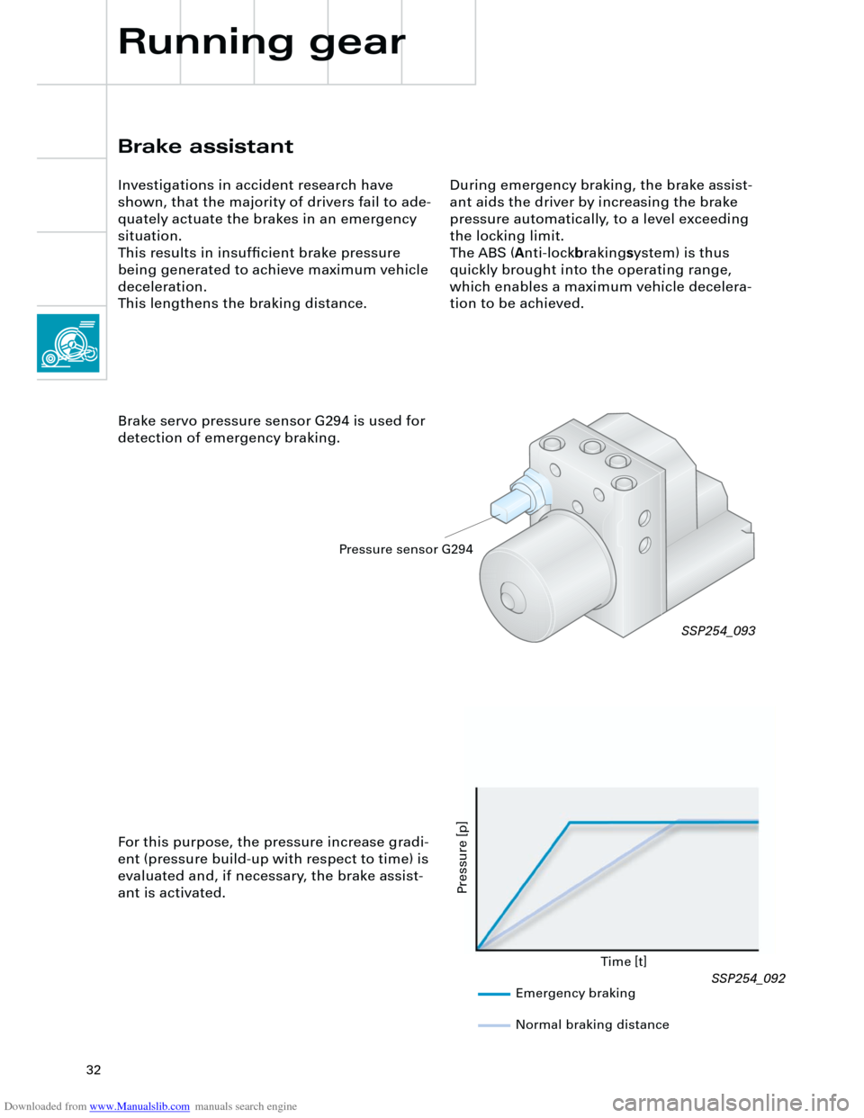 AUDI A4 2001 B5 / 1.G Technical Features Design And Function Downloaded from www.Manualslib.com manuals search engine  
32 
Brake assistant 
Investigations in accident research have 
shown, that the majority of drivers fail to ade-
quately actuate the brakes in