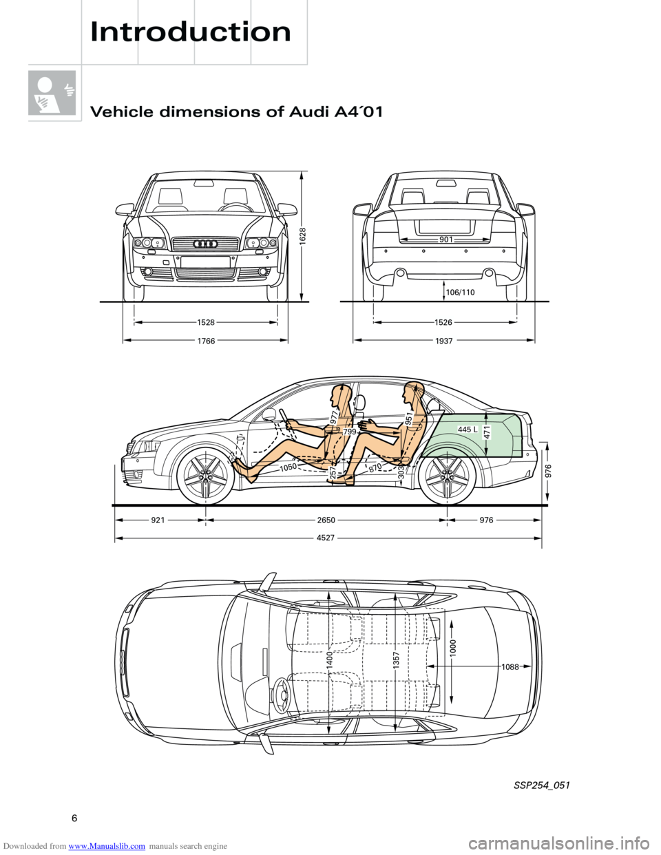 AUDI A4 2001 B5 / 1.G Technical Features Design And Function Downloaded from www.Manualslib.com manuals search engine
6
977
1050870
9
5
1
257303
799445 L
2650
1526
4527
1088
1937
1528
1766
901
106/110
921976
976
471
14001357
1000
1628
Vehicle dimensions of AUDI A4 2001 B5 / 1.G Technical Features Design And Function Downloaded from www.Manualslib.com manuals search engine
6
977
1050870
9
5
1
257303
799445 L
2650
1526
4527
1088
1937
1528
1766
901
106/110
921976
976
471
14001357
1000
1628
Vehicle dimensions of