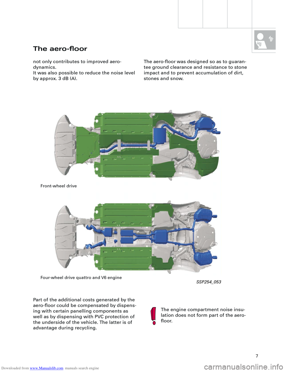 AUDI A4 2001 B5 / 1.G Technical Features Design And Function Downloaded from www.Manualslib.com manuals search engine  
7 
The aero-ﬂoor 
not only contributes to improved aero-
dynamics. 
It was also possible to reduce the noise level 
by approx. 3 dB (A).
Th