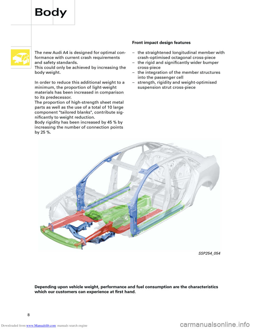 AUDI A4 2001 B5 / 1.G Technical Features Design And Function Downloaded from www.Manualslib.com manuals search engine  
8 
Body 
Front impact design features  
– the straightened longitudinal member with
crash-optimised octagonal cross-piece
– the rigid and