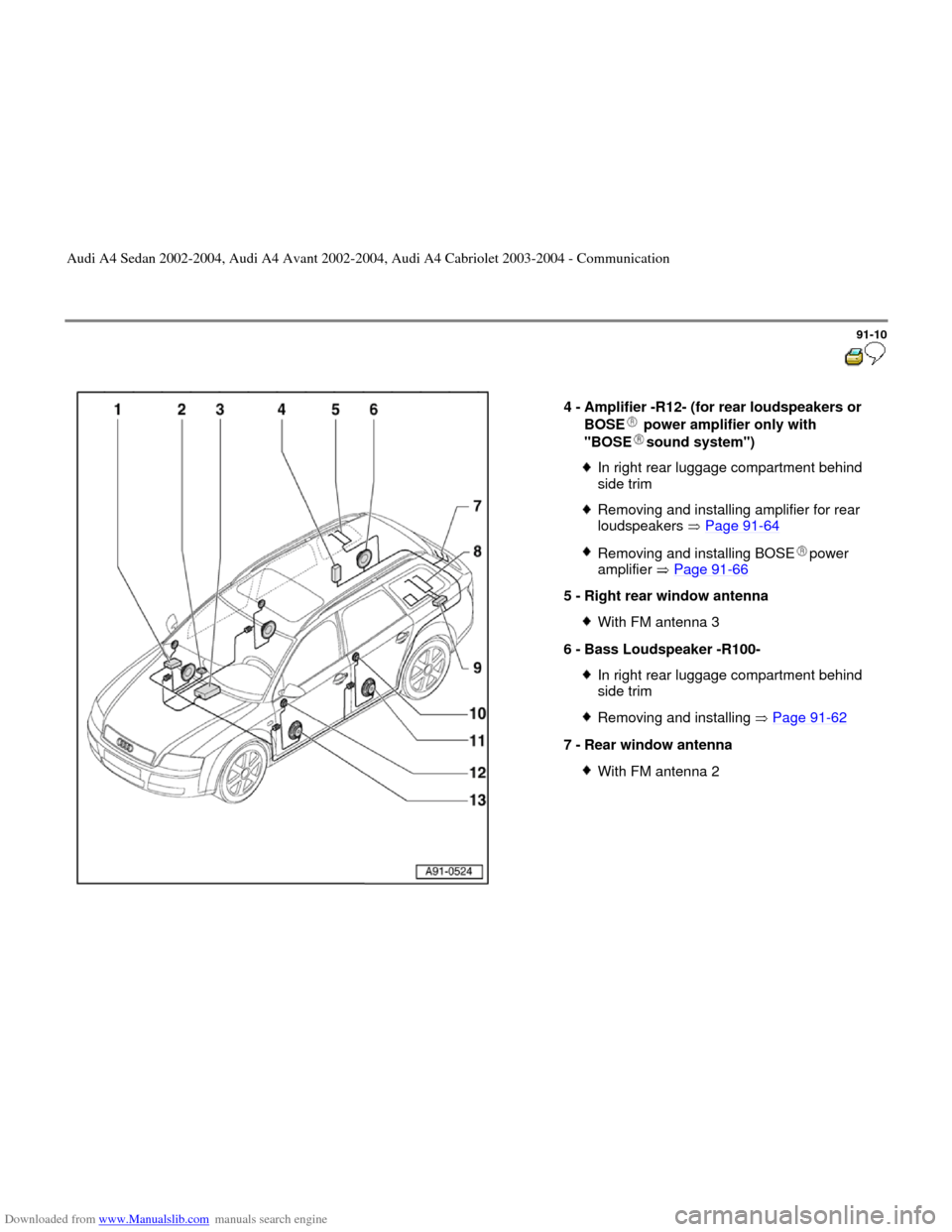 AUDI A4 2002 B5 / 1.G Radio System General Information Downloaded from www.Manualslib.com manuals search engine 91-10
 
  
4 - 
Amplifier -R12- (for rear loudspeakers or 
BOSE  power amplifier only with 
"BOSE sound system") 
In right rear luggage compart