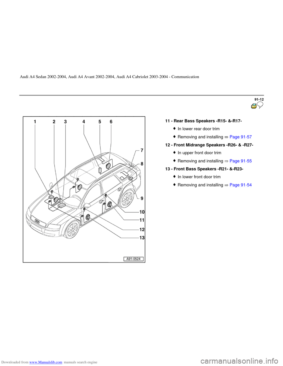 AUDI A4 2002 B5 / 1.G Radio System General Information Downloaded from www.Manualslib.com manuals search engine 91-12
 
  
11 - 
Rear Bass Speakers -R15- &-R17- 
In lower rear door trimRemoving and installing   Page 91
-57
12 - 
Front Midrange Speakers -R