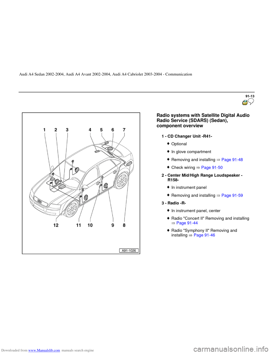 AUDI A4 2002 B5 / 1.G Radio System General Information Downloaded from www.Manualslib.com manuals search engine 91-13
 
  
Radio systems with Satellite Digital Audio 
Radio Service (SDARS) (Sedan), 
component overview 
 
1 - 
CD Changer Unit -R41- 
Option