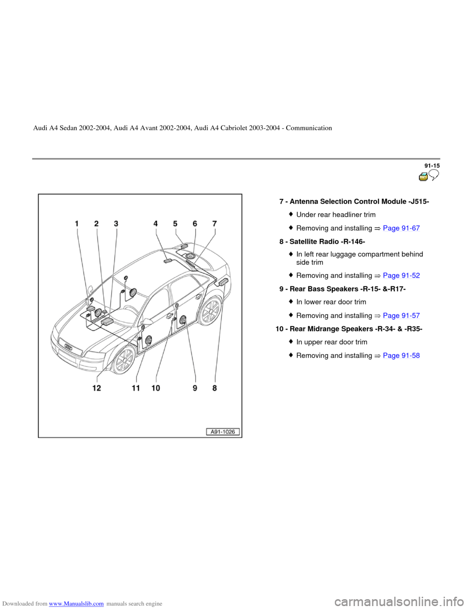 AUDI A4 2002 B5 / 1.G Radio System General Information Downloaded from www.Manualslib.com manuals search engine 91-15
 
  
7 - 
Antenna Selection Control Module -J515- 
Under rear headliner trimRemoving and installing   Page 91
-67
8 - 
Satellite Radio -R