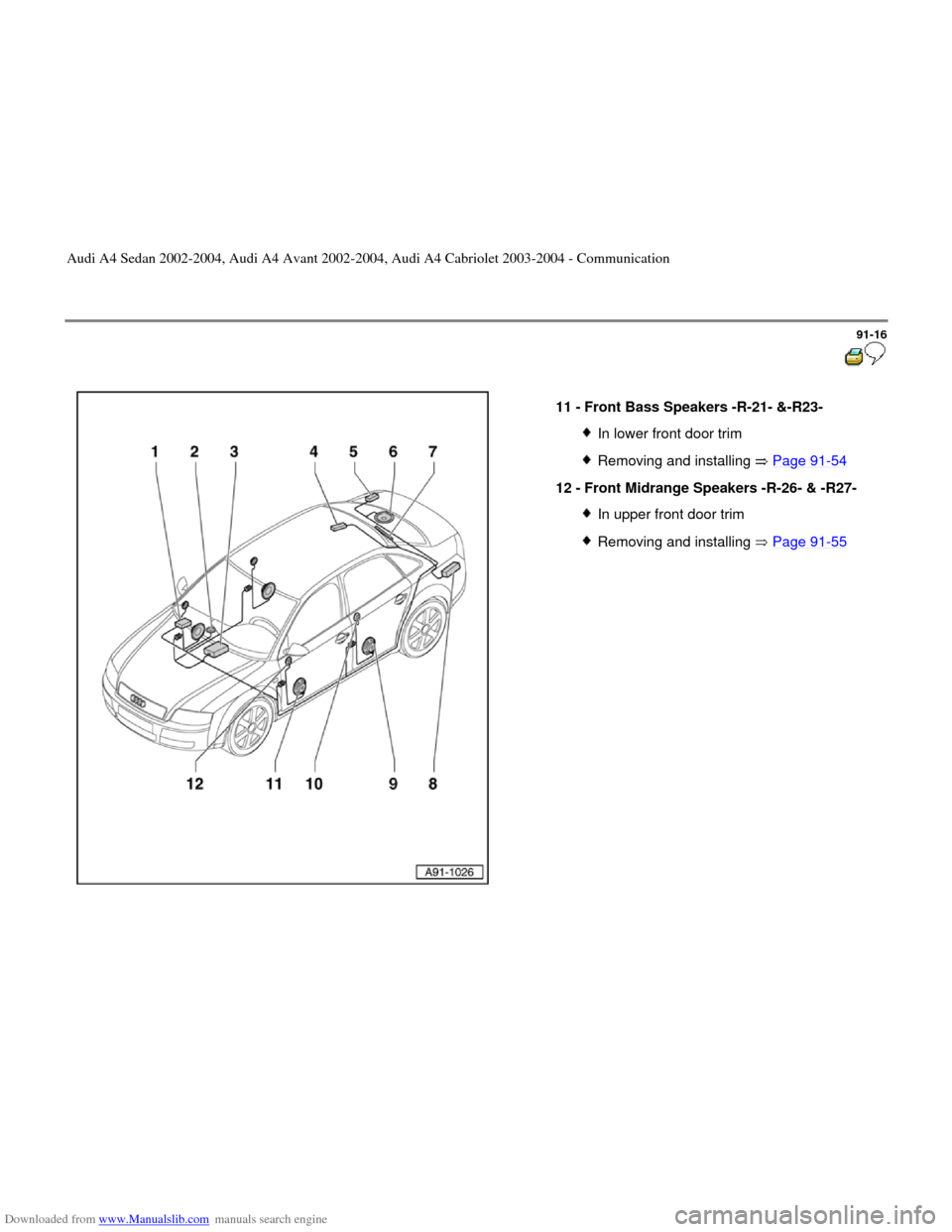 AUDI A4 2002 B5 / 1.G Radio System General Information Downloaded from www.Manualslib.com manuals search engine 91-16
 
  
11 - 
Front Bass Speakers -R-21- &-R23- 
In lower front door trimRemoving and installing   Page 91
-54
12 - 
Front Midrange Speakers