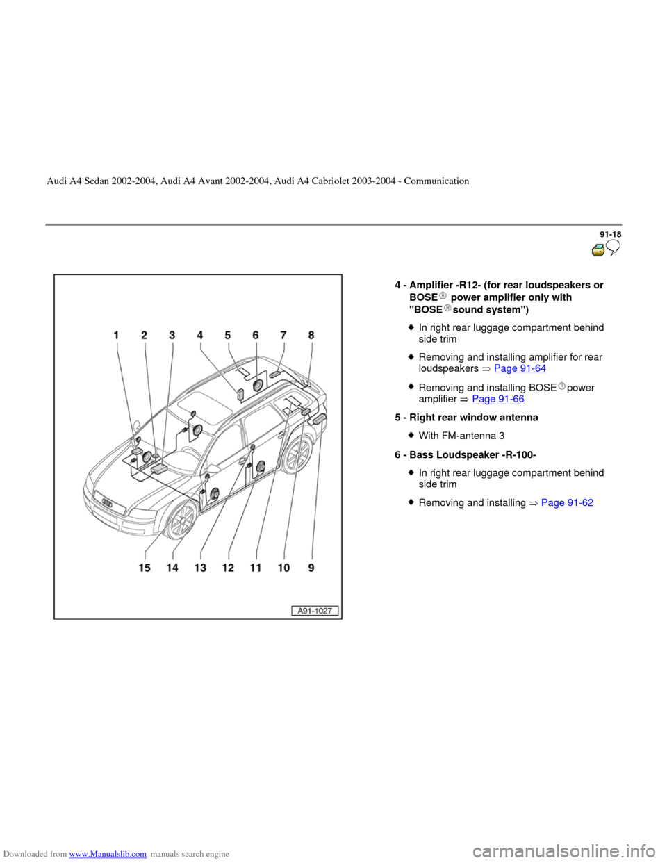 AUDI A4 2002 B5 / 1.G Radio System General Information Downloaded from www.Manualslib.com manuals search engine 91-18
 
  
4 - 
Amplifier -R12- (for rear loudspeakers or 
BOSE  power amplifier only with 
"BOSE sound system") 
In right rear luggage compart