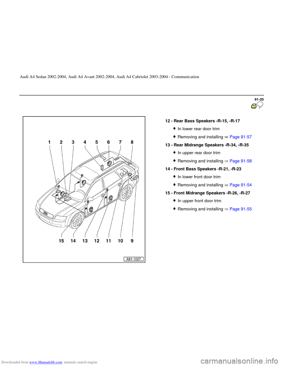 AUDI A4 2002 B5 / 1.G Radio System General Information Downloaded from www.Manualslib.com manuals search engine 91-20
 
  
12 - 
Rear Bass Speakers -R-15, -R-17 
In lower rear door trimRemoving and installing   Page 91
-57
13 - 
Rear Midrange Speakers -R-