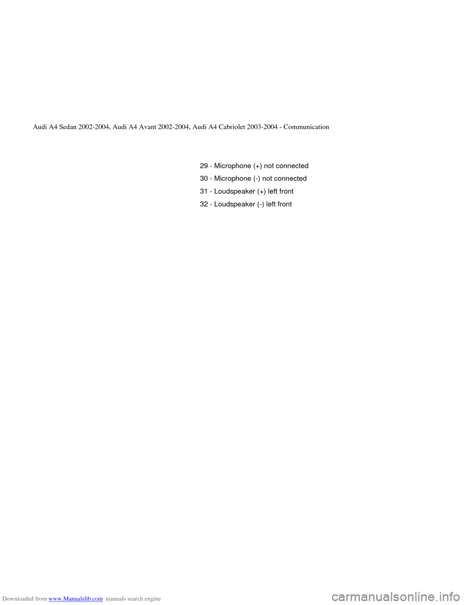 AUDI A4 2002 B5 / 1.G Radio System General Information Downloaded from www.Manualslib.com manuals search engine 29 - Microphone (+) not connected
30 - Microphone (-) not connected
31 - Loudspeaker (+) left front
32 - Loudspeaker (-) left front
Audi A4 Sed