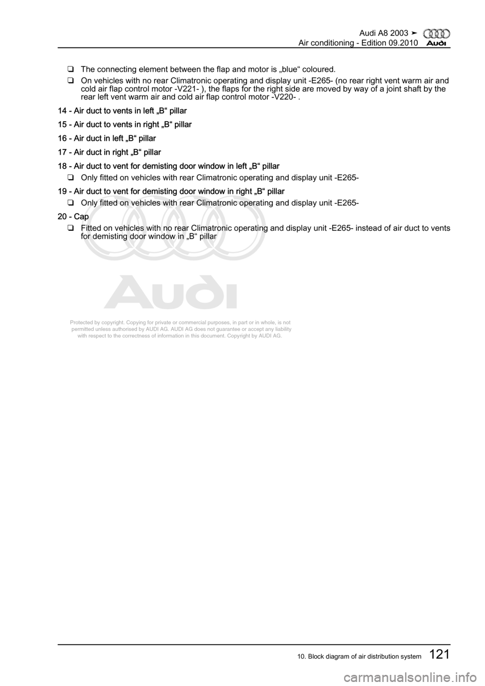 AUDI A8 2003 D3 / 2.G Air Condition Workshop Manual 
Protected by copyright. Copying for private or commercial purposes, in p\
art or in whole, is not 
 permitted unless authorised by AUDI AG. AUDI AG does not guarantee or a\
ccept any liability 
     