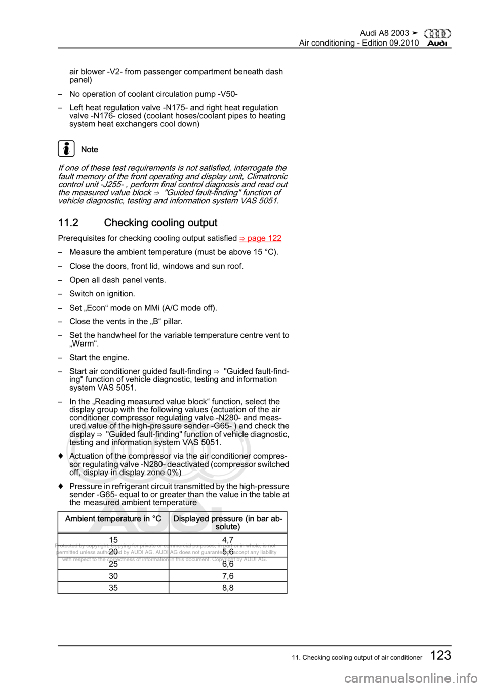 AUDI A8 2003 D3 / 2.G Air Condition Workshop Manual 
Protected by copyright. Copying for private or commercial purposes, in p\
art or in whole, is not 
 permitted unless authorised by AUDI AG. AUDI AG does not guarantee or a\
ccept any liability 
     