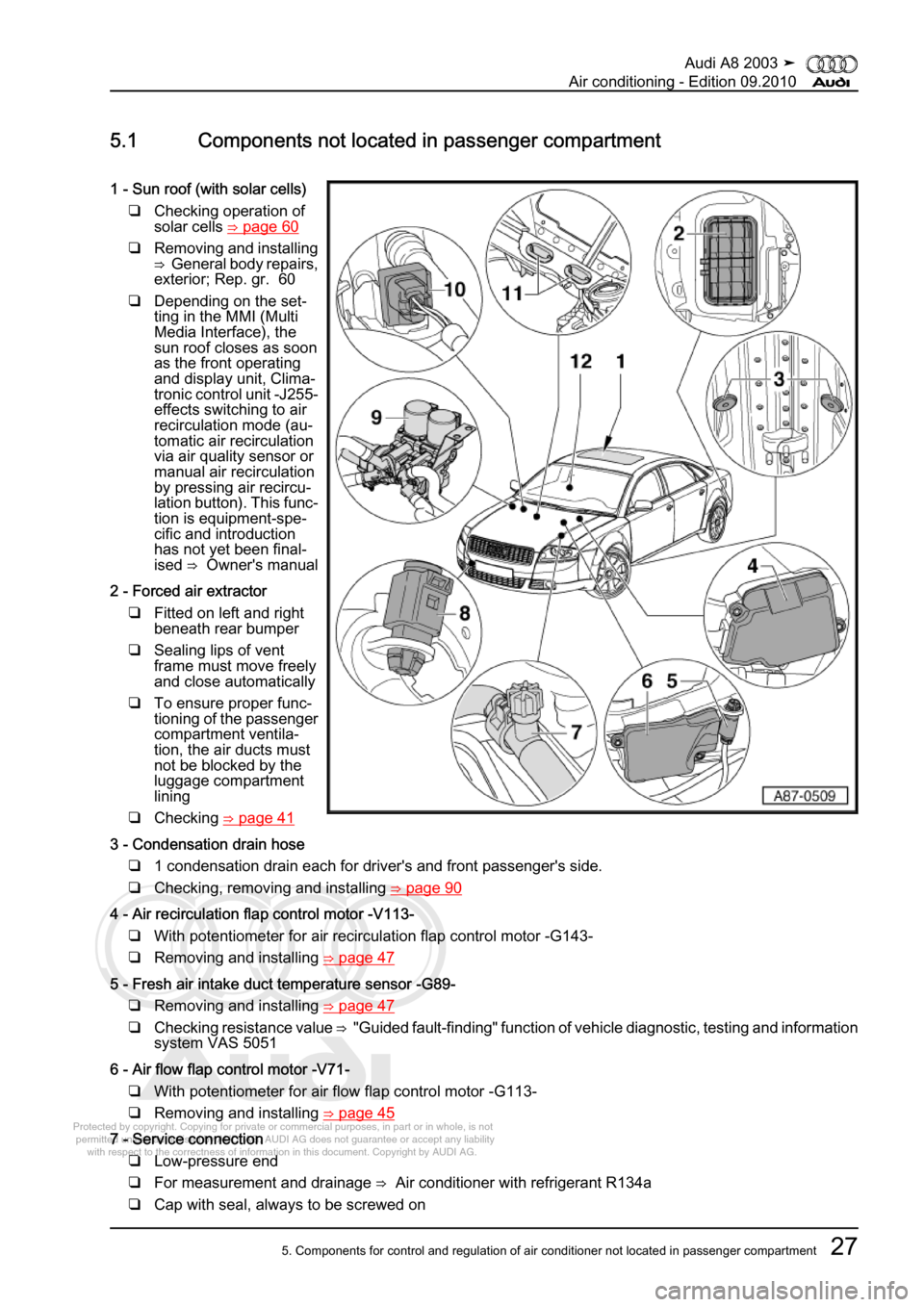 AUDI A8 2003 D3 / 2.G Air Condition Owners Guide 
Protected by copyright. Copying for private or commercial purposes, in p\
art or in whole, is not 
 permitted unless authorised by AUDI AG. AUDI AG does not guarantee or a\
ccept any liability 
     