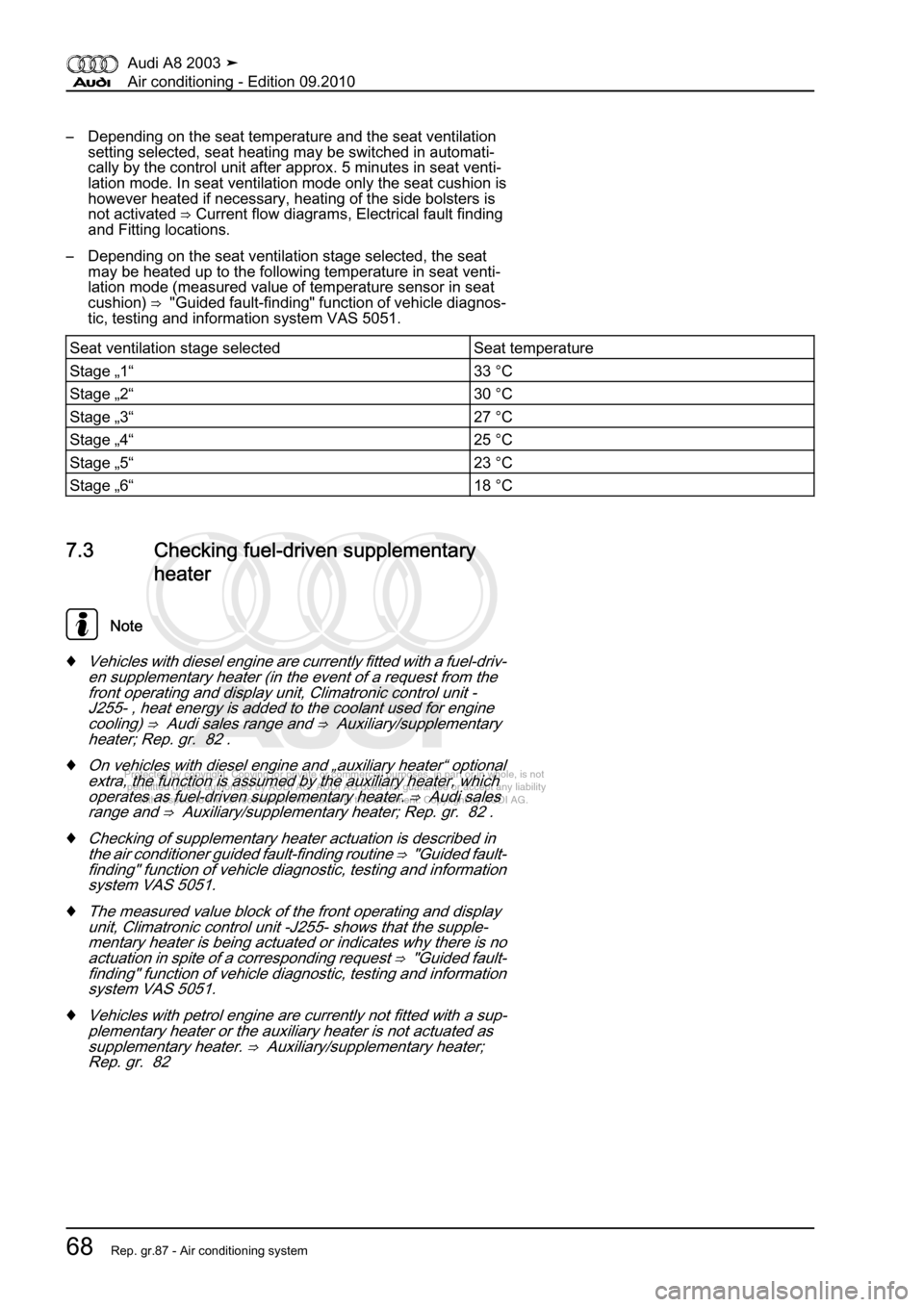 AUDI A8 2003 D3 / 2.G Air Condition Manual PDF 
Protected by copyright. Copying for private or commercial purposes, in p\
art or in whole, is not 
 permitted unless authorised by AUDI AG. AUDI AG does not guarantee or a\
ccept any liability 
     