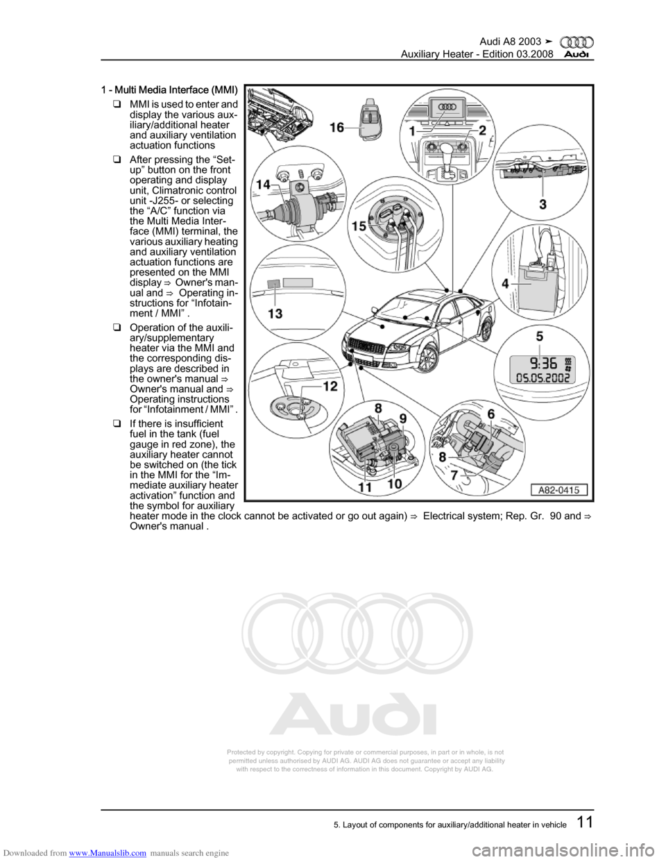 AUDI A8 2003 D3 / 2.G Auxiliary Heater User Guide Downloaded from www.Manualslib.com manuals search engine 
Protected by copyright. Copying for private or commercial purposes, in p\
art or in whole, is not 
 permitted unless authorised by AUDI AG. AU