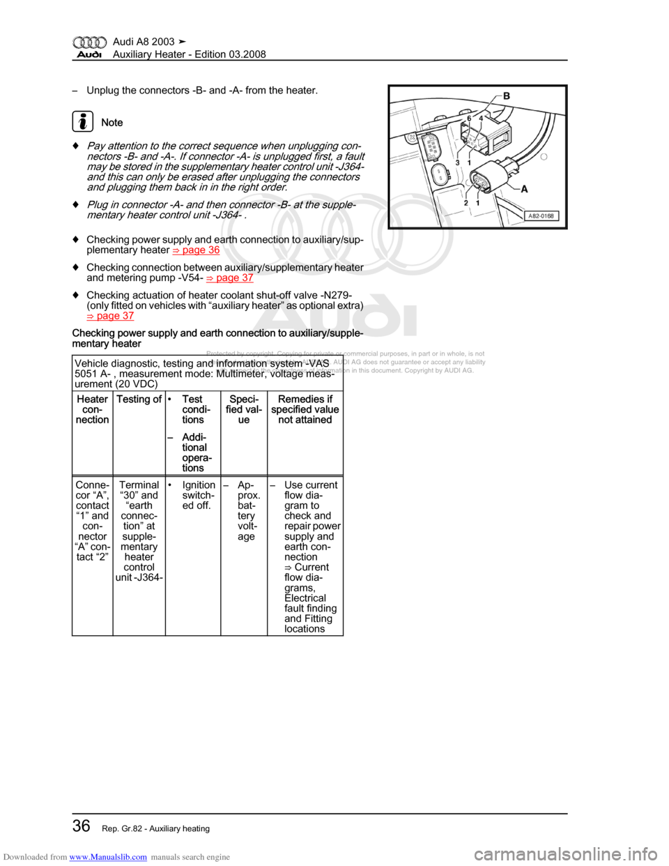 AUDI A8 2003 D3 / 2.G Auxiliary Heater Owners Guide Downloaded from www.Manualslib.com manuals search engine 
Protected by copyright. Copying for private or commercial purposes, in p\
art or in whole, is not 
 permitted unless authorised by AUDI AG. AU