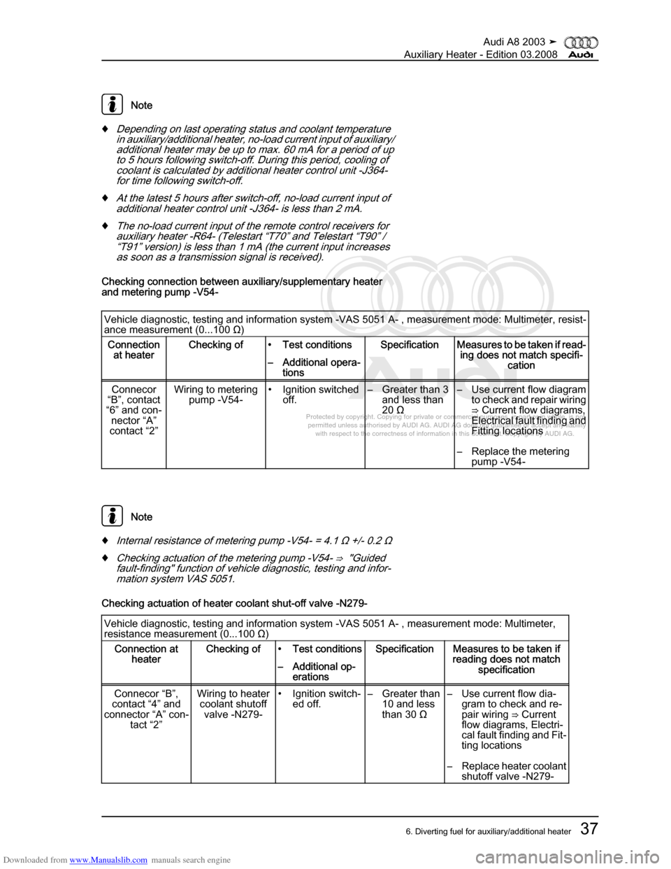 AUDI A8 2003 D3 / 2.G Auxiliary Heater Service Manual Downloaded from www.Manualslib.com manuals search engine 
Protected by copyright. Copying for private or commercial purposes, in p\
art or in whole, is not 
 permitted unless authorised by AUDI AG. AU